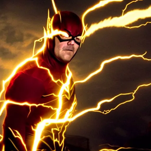 Image similar to film still of jack black playing the flash by zach snyder, epic lighting storm speed force