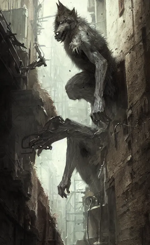 Image similar to hyperrealistic, Portrait of a werewolf crouched in a dark alley, fantasy, highly detailed, cinematic lighting, digital art painting by greg rutkowski