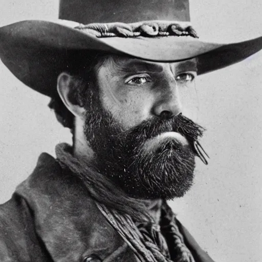 Prompt: real-life face portrait stubble beard cowboy Arthur Morgan furrowed brown from red dead redemption 2 dramatic lighting late 1800s Daguerreian photo by Mathew Brady