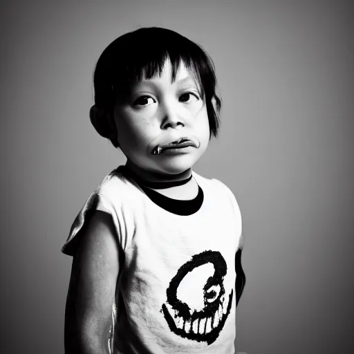 Prompt: the face of punk rock alien at 2 years old wearing balenciaga clothing, black and white portrait by julia cameron, chiaroscuro lighting, shallow depth of field, 8 0 mm, f 1. 8