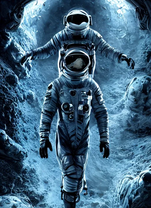 Image similar to detailed astronaut suit in dark void underwater - complex and hyperdetailed suit. reflection and dispersion materials. rays and dispersion of light. glowing lights. volumetric light. f / 3 2. noise film photo. flash photography. ultra realistic, wide angle. poster by wayne barlowe, hajime sorayama aaron horkey, craig mullins