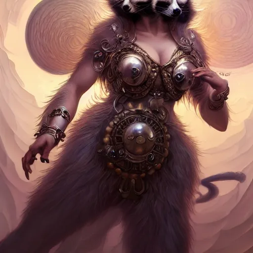 Prompt: a raccoon as the roman goddess of chaos!! intricate elegant, highly detailed, digital painting, artstation, concept art, smooth, sharp focus, illustration, art by ( ( ( artgerm ) ) ) and greg rutkowski! and ( ( alphonse mucha ) ), heavily influenced by frank frazetta and boris vallejo, sword and sorcery