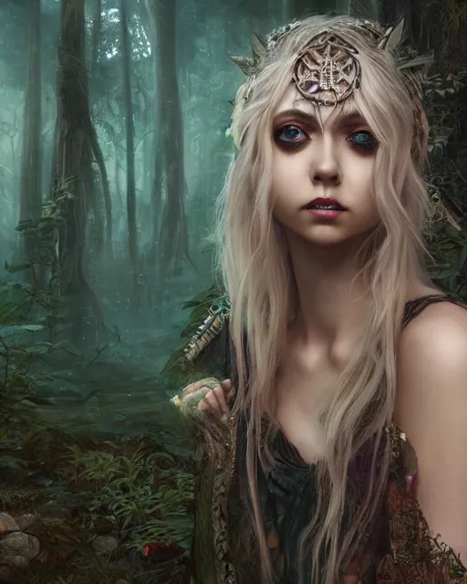 Image similar to Beautiful art portrait of taylor momsen as a fantasy priestess in a bright temple surrounded by lush forest, atmospheric lighting, intricate detail, cgsociety, hyperrealistic, octane render, RPG portrait, ambient light, dynamic lighting