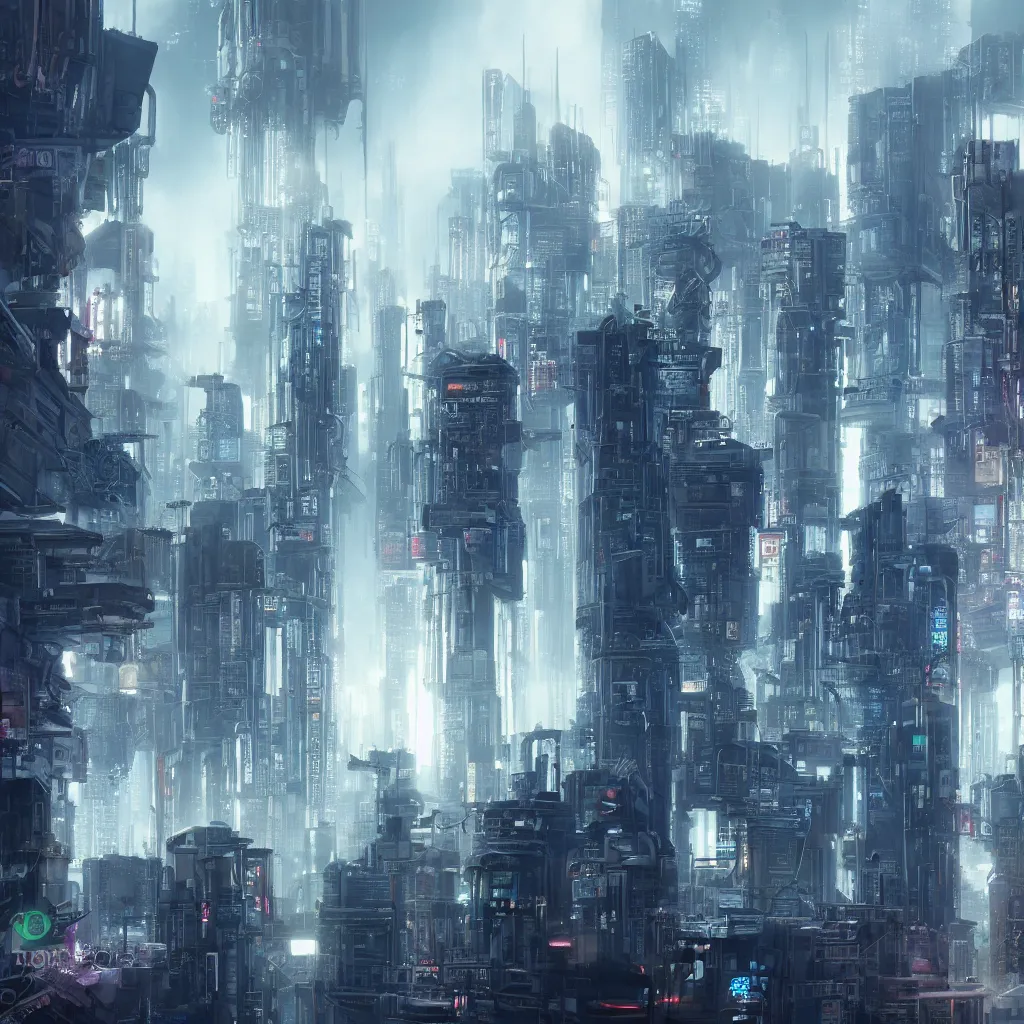 Prompt: photograph taken from the lowest level of a cyberpunk city with giant skyscrapers, unprecedented scale, mist, atmospheric, photorealistic, concept art