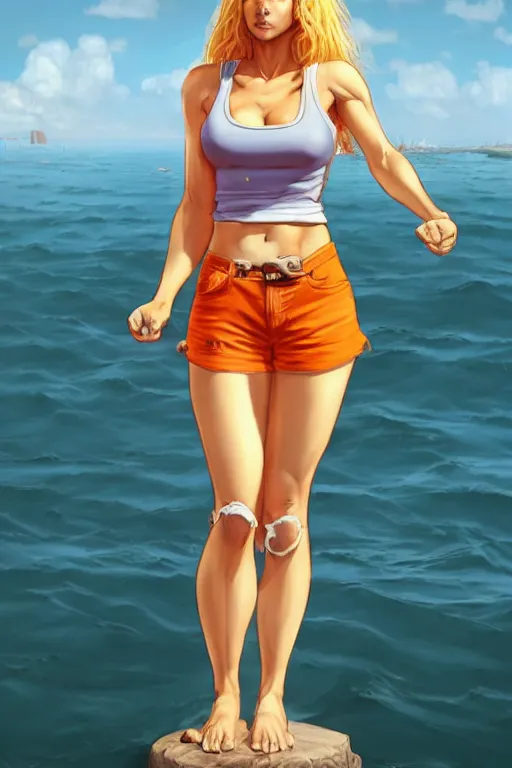 Image similar to a gorgeous hulking beast of a woman with very long hip-length blonde hair, wearing a cut-off white top and orange cut-off shorts standing by the water, in the style of artgerm and moebius and annie liebovitz, marvel comics, photorealistic, highly detailed, trending on artstation