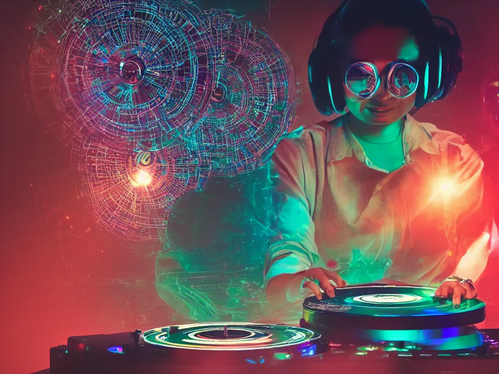 Image similar to an indian woman wearing goggles and visor and headphones using a retro record player contraption, hologram, turntablism dj scratching, screens, smoky atmosphere, intricate planetary gears, cinematic, imax, sharp focus, leds, bokeh, iridescent, black light, fog machine, hazy, lasers, hyper color digital art