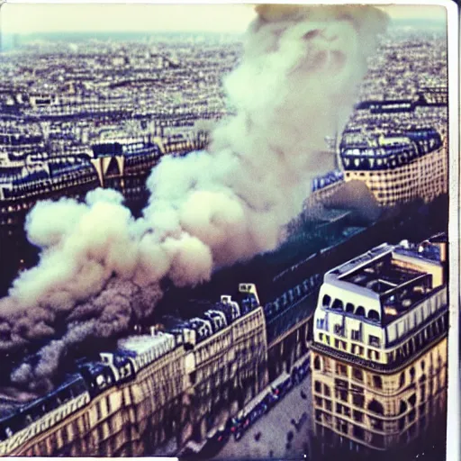 Image similar to extensive smoke rising from the top of the eiffel tower, aerial view, several police cars and crowds running across the ground, polaroid, 6 0's, hyperrealism, no blur, 4 k resolution, ultra detailed