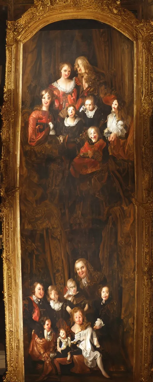 Image similar to oil paint of family portrait in the main room of the castle, dark room, one point of light trough a big window. baroque style 1 6 5 0, high details on clothes, realistic faces and expressions