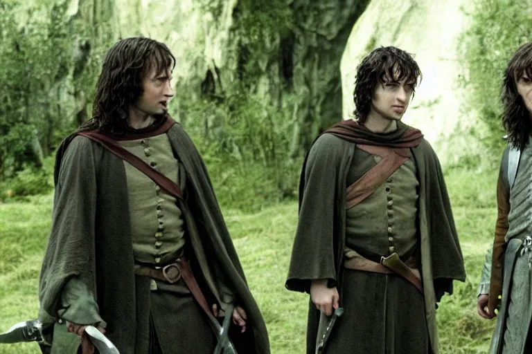 Prompt: Film still of Alan Rickman as Aragorn and Daniel Radcliffe as Frodo in the movie Lord of the Rings