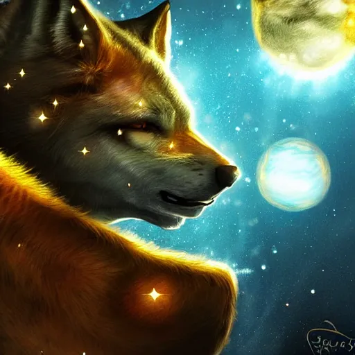 Prompt: of a fantasy painting of a wolfs face in the sky morphing into galaxy ’ s and stars and planets in the style of greg retowski highly detailed cinematic lighting digital art