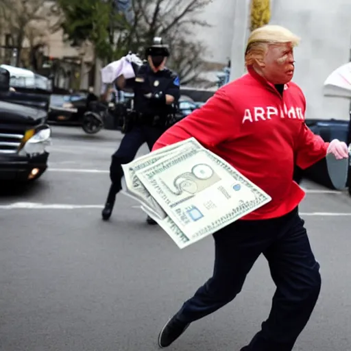 Prompt: donald trump holding bags of money, running from the police