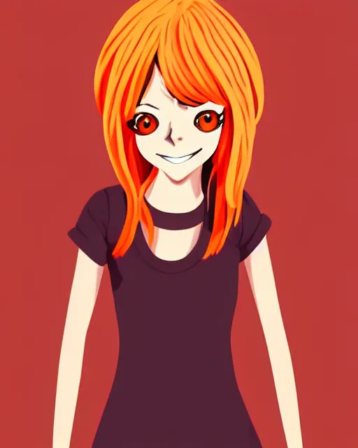 Prompt: beautiful anime girl full body Emma Stone, orange glowing hair, sarcastic smiling, clear clean face, symmetrical face, blurry background, face by Ilya Kushinov style, painterly style, flat illustration