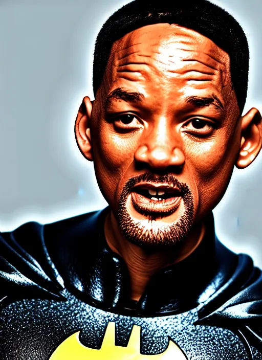 Image similar to of a photo of will smith as batman with a serious face looking at the camera, f 2. 8