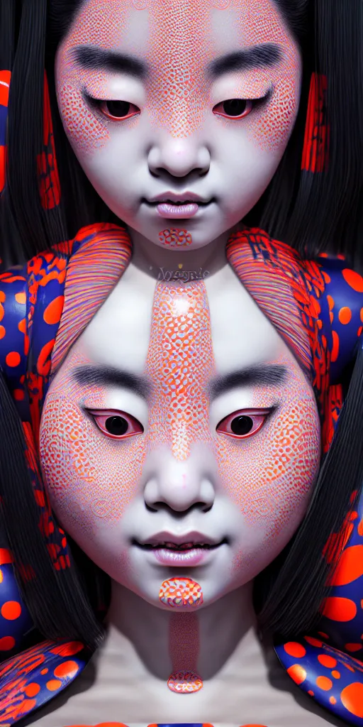 Image similar to hyperrealistic detailed image of a geisha in a art installation room, hd smooth interior by yayoi kusama, part by kei mieno, part by ross tran, dark art by james jean, ultra realistic, highly detailed, life like face, detailed body, 8 k, 3 d render by roger magrini, masterpiece