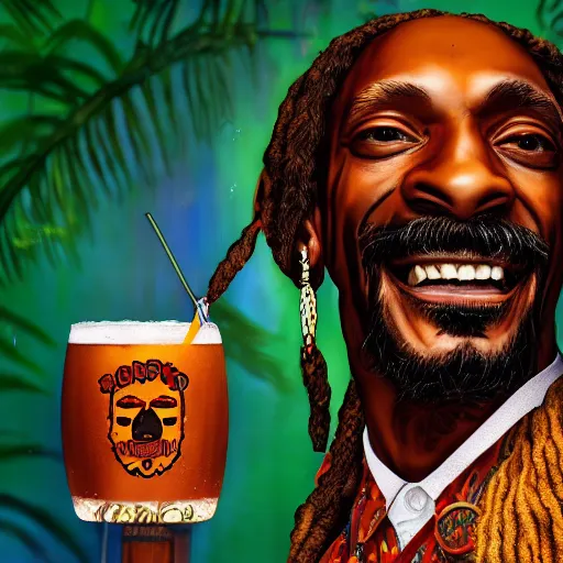 Image similar to a closeup photorealistic photograph of happy snoop dogg at trader vic's bar presenting a trader vic's tiki mug that features the face of snoop dogg. brightly lit scene. this 4 k hd image is trending on artstation, featured on behance, well - rendered, extra crisp, features intricate detail, epic composition and the style of unreal engine.