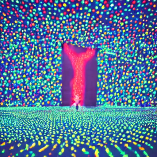 Image similar to a woman standing on steps in a field at night, a hologram by kusama, instagram, optical illusion, full body, ultra hd, neon