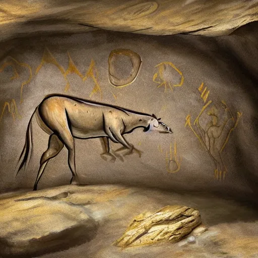 Prompt: realistic prehistoric cave drawings, cave, high quality, rocks, paint