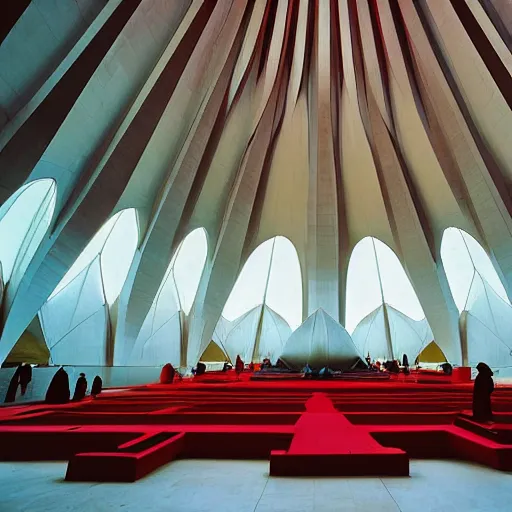 Image similar to interior of a futuristic lotus temple with gold, red and white marble panels, in the desert, by buckminster fuller and syd mead, intricate contemporary architecture, photo journalism, photography, cinematic, national geographic photoshoot