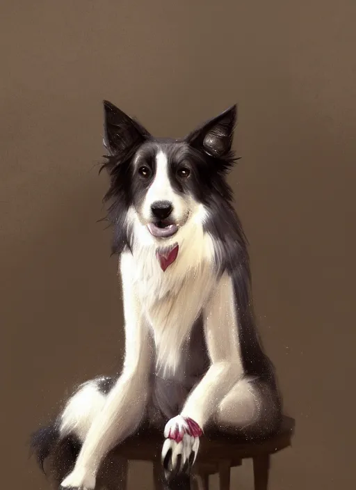 Image similar to wide angle beautiful full body portrait of a male anthropomorphic anthro border collie fursona sitting in a parlor room, character design by charlie bowater, henry asencio, and ross tran, disney, scenic background, detailed, aesthetic, trending on artstation, furaffinity, deviantart