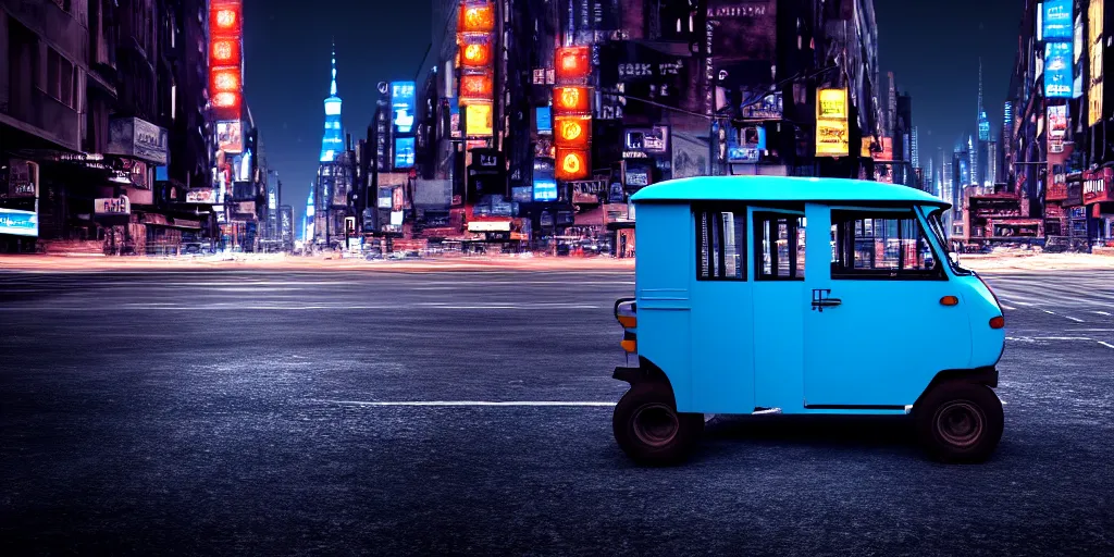 Image similar to an open frame blue tuk tuk going through a desolate manhattan city street at night, statue of liberty seen in the background, realistic 4 k octane beautifully detailed render, 4 k post - processing, highly detailed, detailed face, intricate complexity, epic composition, magical atmosphere, cinematic lighting, masterpiece, color picture, ultra hd