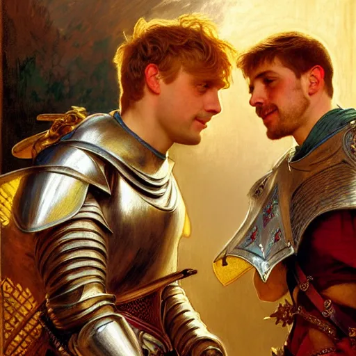 Image similar to attractive arthur pendragon and his attractive male knight, they are in love, natural lighting, path traced, highly detailed, high quality, digital painting, by gaston bussiere, craig mullins, alphonse mucha j. c. leyendecker