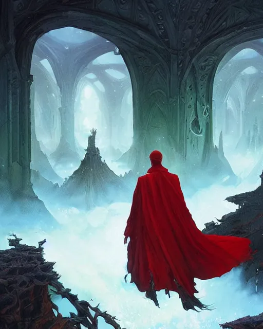 Image similar to a fantasy painting with a wizard in red robes in the foreground of a surreal environment by greg rutkowski and michael whelan