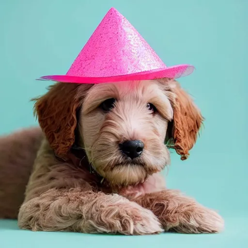 Prompt: close up photograph of a super adorable labradoodle pup with a pink party hat