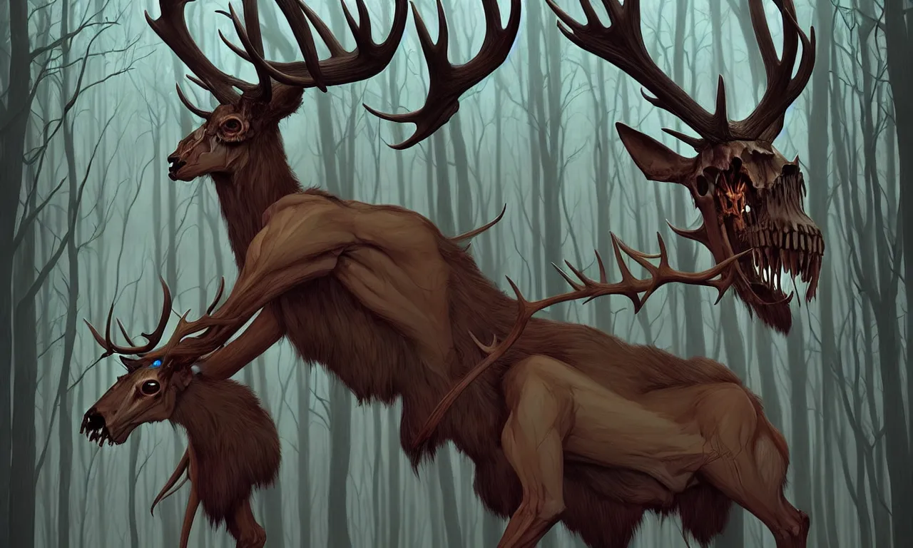 Image similar to rafeal albuquerque comic art, joshua middleton, artgerm : : wendigo monster with deer skull face, antlers, furry body, tall and lanky : : walking through the forest : : night time : : spooky, scary, fog