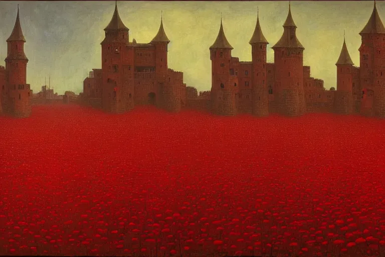 Image similar to only with red, red flowers of different types, a red tiger, a castle in the background, medieval demons dance over the flowers, an ancient path, in the style of beksinski, part by hopper, part by rodcenko, part by hofbauer, intricate composition, red by caravaggio, insanely quality, highly detailed, masterpiece, red light, artstation