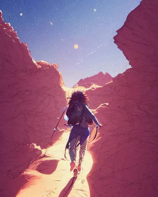 Image similar to a girl hiking in the sahara desert, full shot, focused, ambient lighting, detailed, fair - face, art by ayami kojima, makoto shinkai, kilian eng
