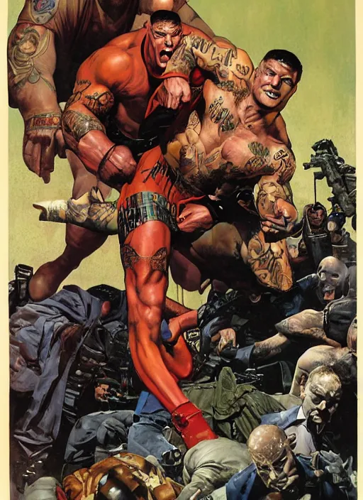 Image similar to full body and head portrait of martyn ford wearing a trench coat vs dave bautista as juggernaut, painted by norman rockwell and phil hale and greg staples and tom lovell and frank schoonover and jack kirby