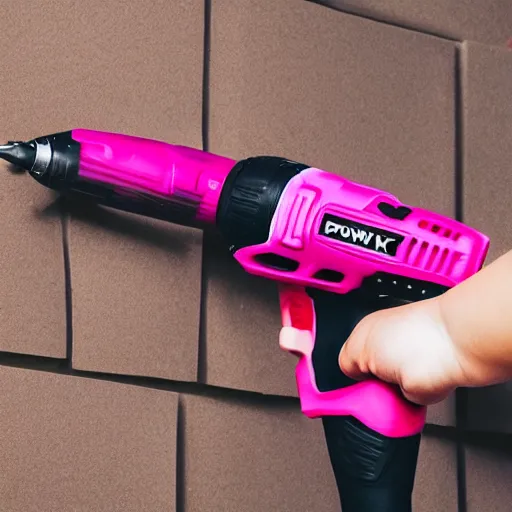 Prompt: a pink drill power tool with black Rubber grip