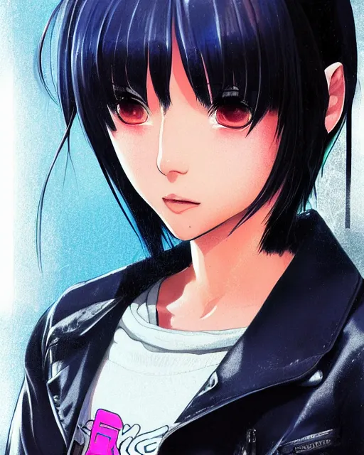 Image similar to ! dream police officer girl very very anime!!! fine face, audrey plaza, realistic shaded perfect face, fine details. anime. realistic shaded lighting cyberpunk futuristic neon tattoos styled hair reflective puffy sheen film jacket decorated poster by ilya kuvshinov katsuhiro otomo ghost in the shell magali villeneuve artgerm jeremy lipkin michael garmash rob rey