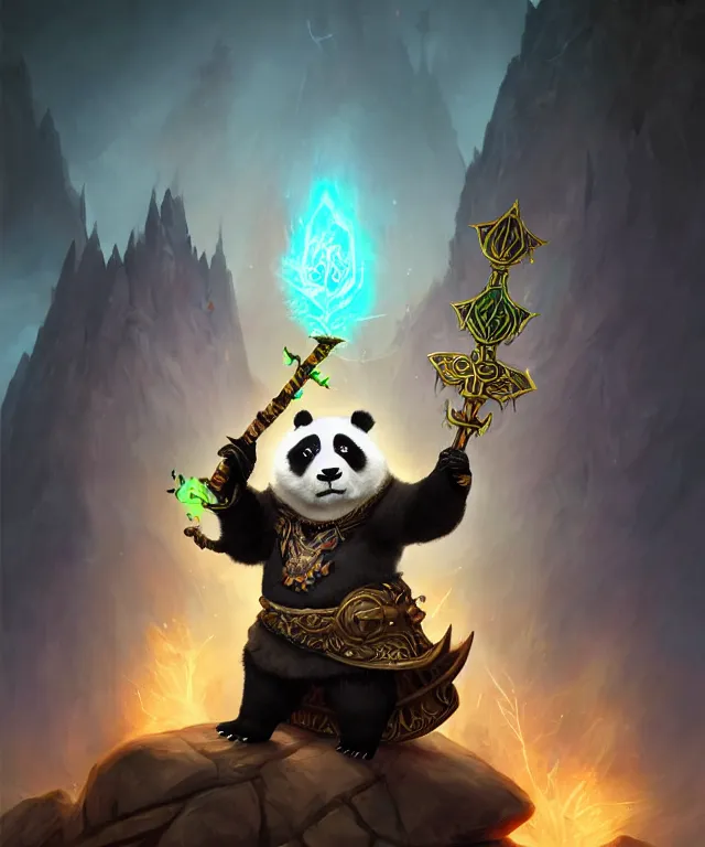 Image similar to a portrait an anthropomorphic panda warlock holding a staff, wearing warlock robes with spiked shoulders, landscape in background, dnd character art portrait, world of warcraft style, by peter mohrbacher, cinematic lighting