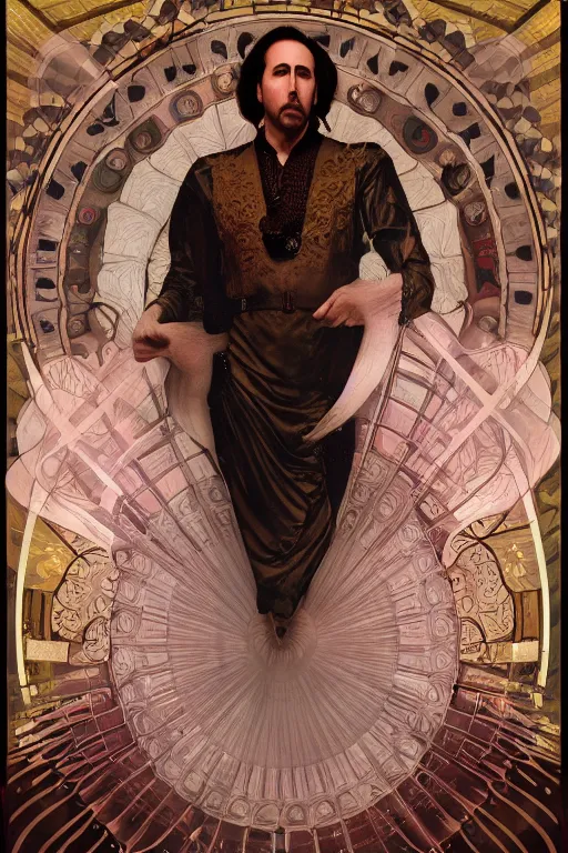 Image similar to a dramatic ethereal epic painting of nicolas cage | tarot card, art deco, art nouveau, realistic | dramatic lighting | by Dresden Codak, by Mark Maggiori and Alphonse Mucha | trending on artstation