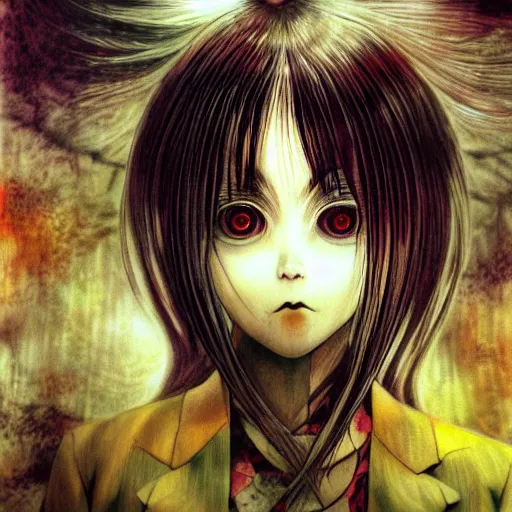 Image similar to yoshitaka amano realistic photo of a sinister anime girl with big eyes and long white hair wearing dress suit with tie and surrounded by abstract junji ito style patterns in the background, blurred and dreamy photo, noisy film grain effect, highly detailed, oil painting with expressive brush strokes, weird portrait angle