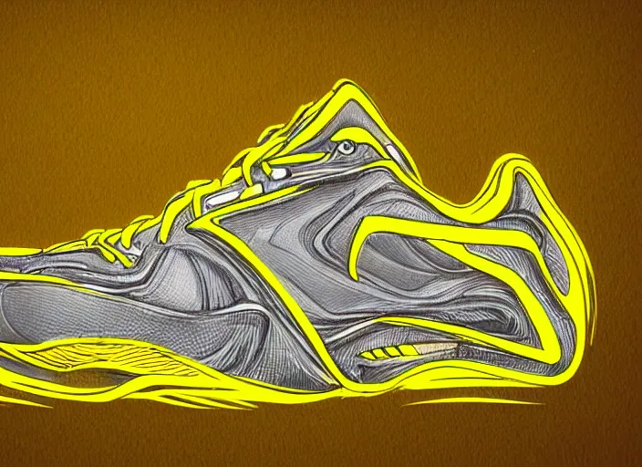 Image similar to sneaker concept, wth short golden lines, yellow details, highly detailed, digital art, sharp focus, trending on art station, anime art style