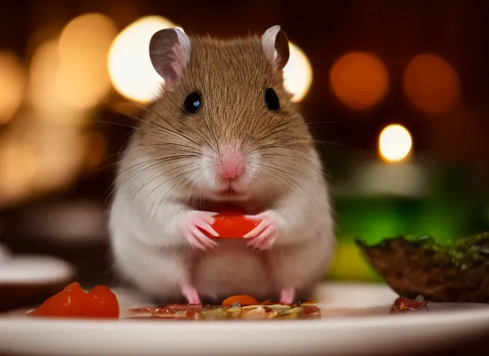 Image similar to photo of a hamster various michelin dishes, at night, candlelit restaurant table, various poses, unedited, soft light, centered, sharp focus, 8 k