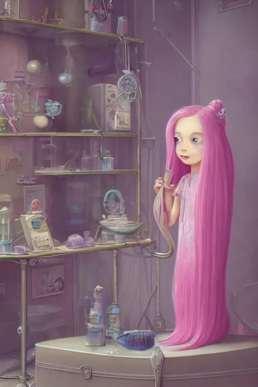 Prompt: highly detailed, natural light portrait of a young adult princess bubblegum from adventure time, experimenting in her castle lab, wearing lab coat & saftey goggles, long bubblegum hair with long straight bangs, beautiful, extremely cute, adorable, illustration concept art by nicoletta ceccoli, mark ryden, lostfish, detailed and intricate environment, 8 k resolution, hyperrealistic, octane render