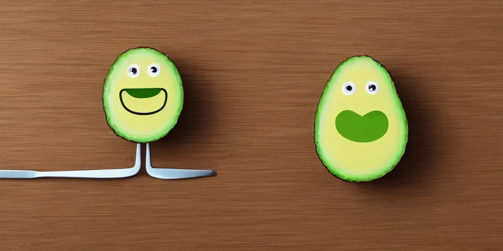 Prompt: cute little smiling avocado robot with cute eyes and forks instead of arms, logo style