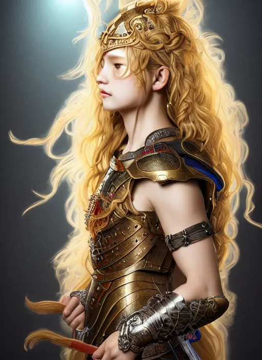 Image similar to complex 3 d hyper realistic smooth ultra sharp render of a gorgeous princess warrior paladin woman | sunkissed tan skin, curly dirty blonde hair, freckles, luminescent eyes | d & d, medieval, fantasy | art by oh jinwook + 吵 集 仁 儿 on artstaion + takeshi obata + alphonse mucha