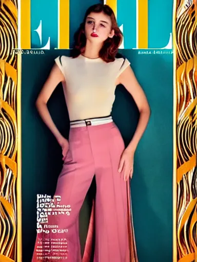 Prompt: cover of a 2 0 1 9 issue of elle magazine featuring an attractive young female fashion - model posing in an ornate art - deco lobby lit by rays of sunlight from the windows. full - color professional fashion photography.