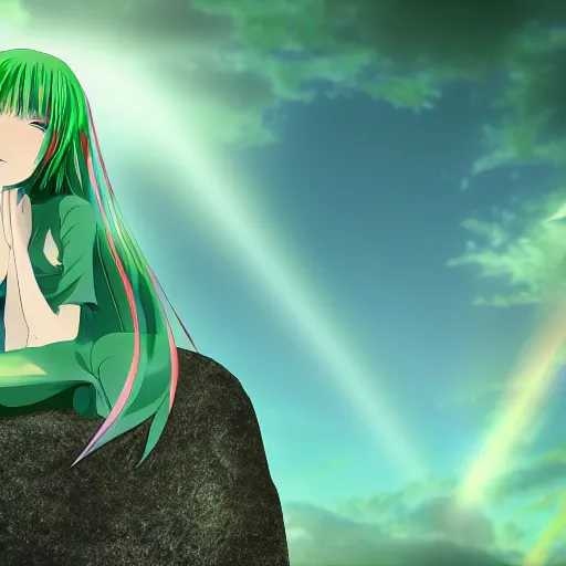 Image similar to anime girl with green hair meditating on a rock, beautiful face, pretty face, serene, sunshine rays, 8 k resolution, digital art