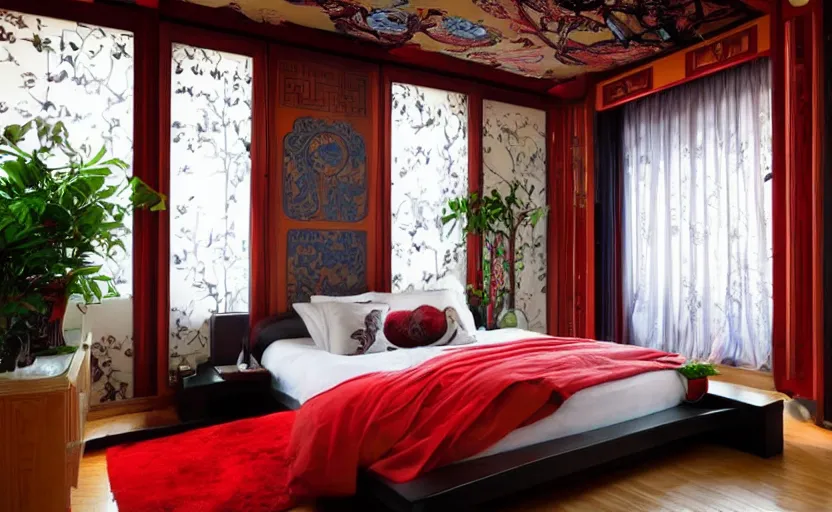 Image similar to a retro futuristic bedroom, chinese style, bright, feng shui, earth colors, wood, plants, cupboards, bed, curtains, minimalistic, art nouveau