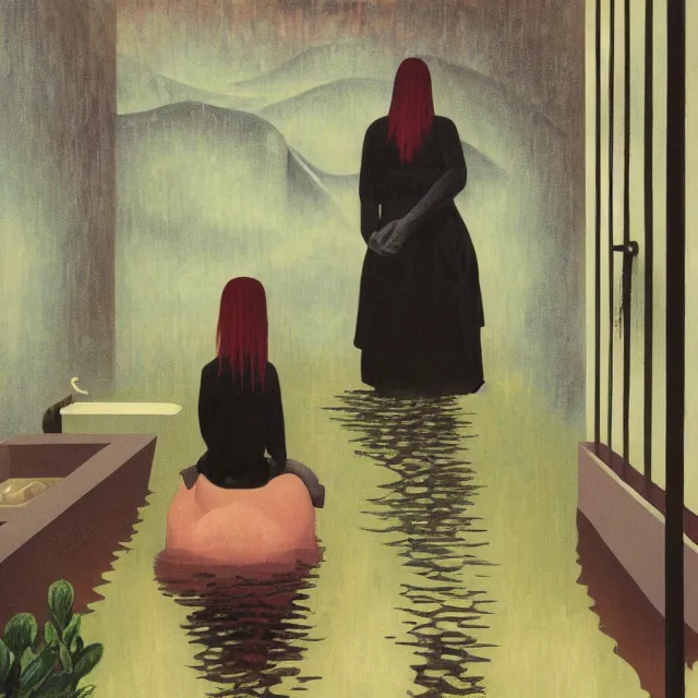 Image similar to tall female emo artist in her flooded bathroom, water gushing from ceiling, painting of flood waters inside an artist's bathroom, a river flooding indoors, pomegranates, pigs, ikebana, water, octopus, river, rapids, waterfall, black swans, canoe, berries, acrylic on canvas, surrealist, by magritte and monet