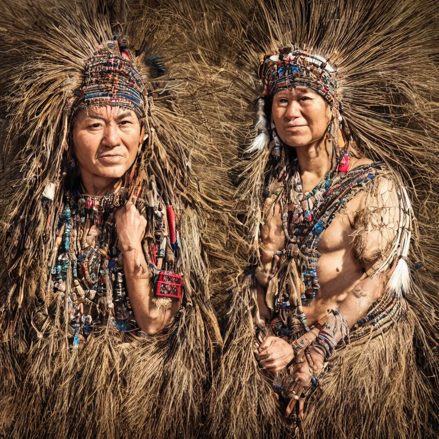 Image similar to extremely detailed award winning national geographic full body portrait photography from ancient tribal shaman multiple from different cultures all over the world. 64megapixel. Realistic render. Landscape background what is slightly blurry and windy.