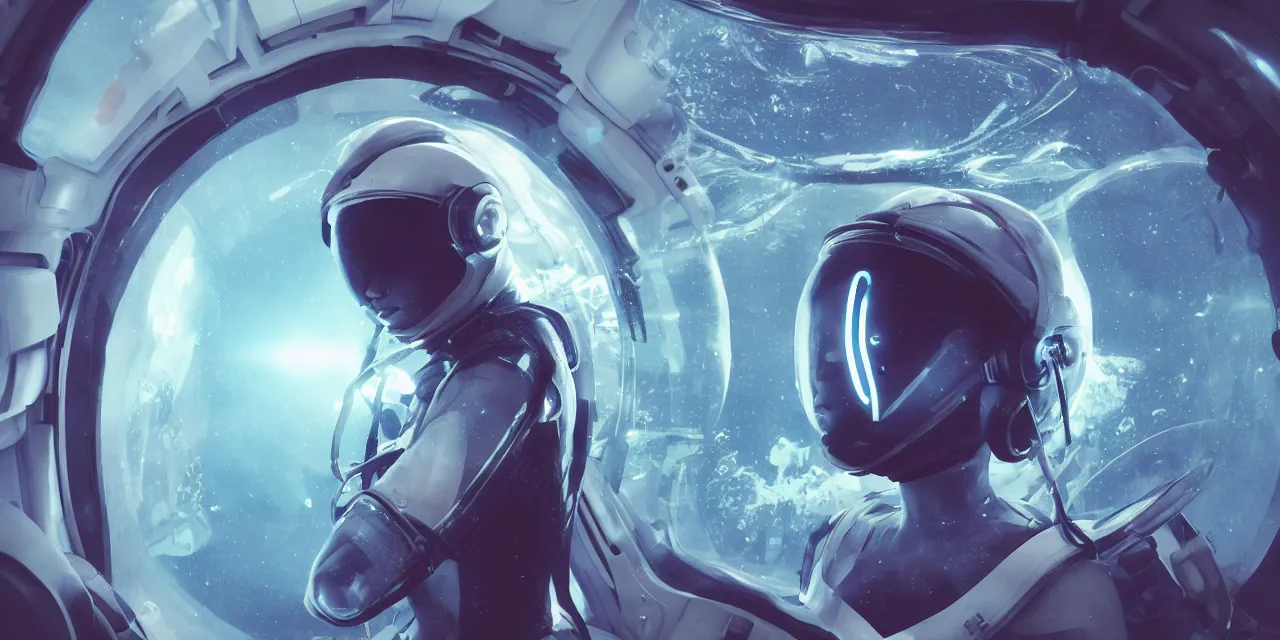 Image similar to Zoe Kravitz futuristic astronaut, outside large window of ship, helmet with clear HUD shield and led lights, underwater in the ocean at night, dark water, volumetric lighting, glowing lights, 4k, octane, digital painting, artstation, concept art, sharp focus, illustration, high contrast, high saturation , cinematic film still, art by artgerm and greg rutkowski and alphonse mucha , wide angle view,