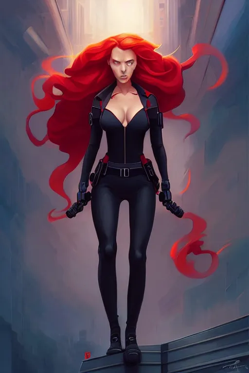 Image similar to peter mohrbacher, phil noto, artgerm, pretty scarlett johansson black widow, symmetrical eyes, long red hair, city rooftop