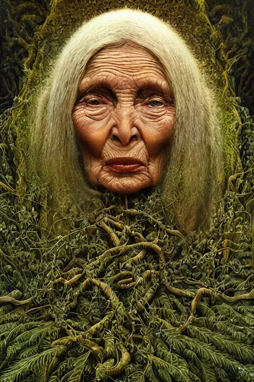 Image similar to intricate stunning highly detailed portrait of baba vanga, 🌱, by agostino arrivabene and vladimir kush, surreal, digital painting, ultra realistic, dramatic lighting, twisted vines, lush plants, pristine water, artstation