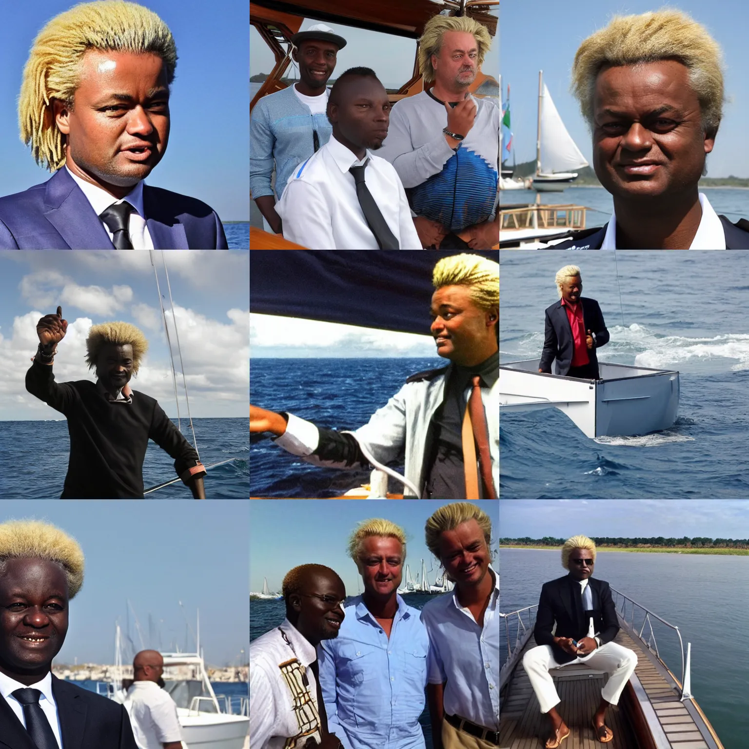 Prompt: african geert wilders as captain of sailboat